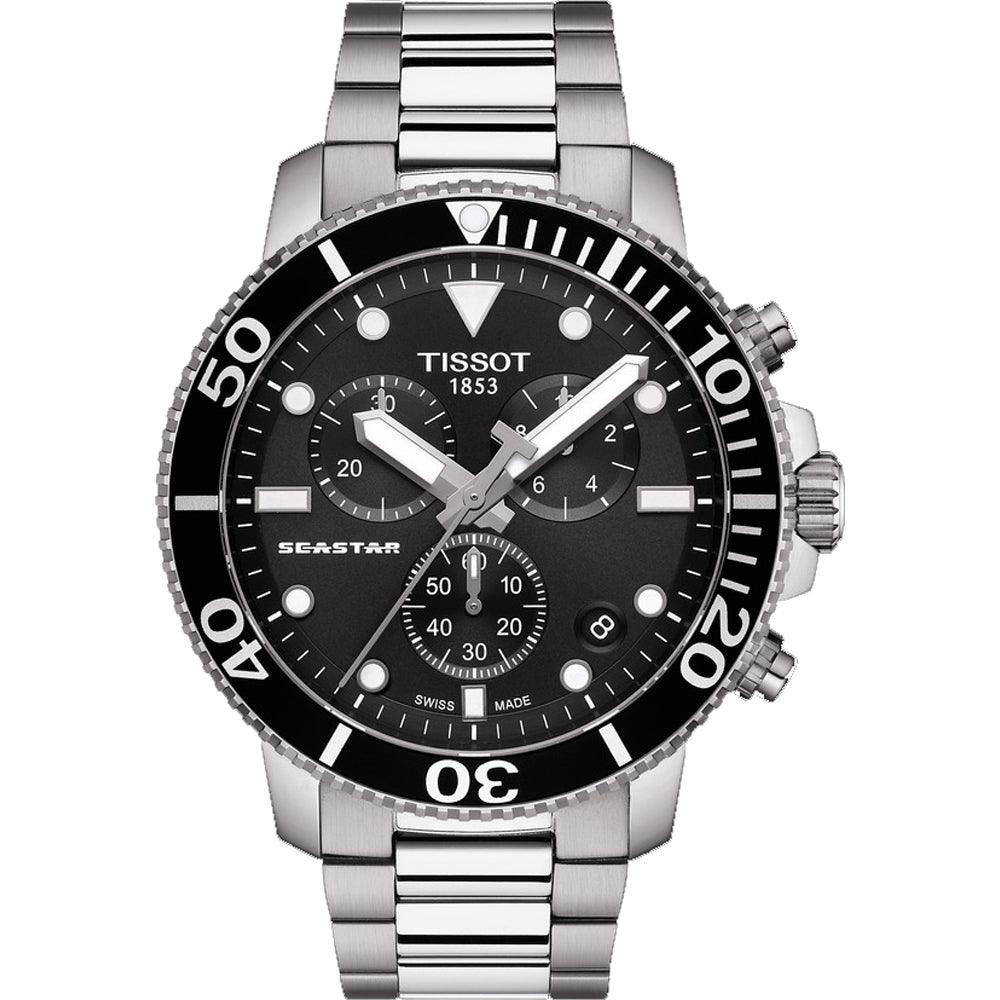 Reloj de buceo Tissot Seastar 1000 con caja de acero inoxidable, esfera negra y bisel negro.
