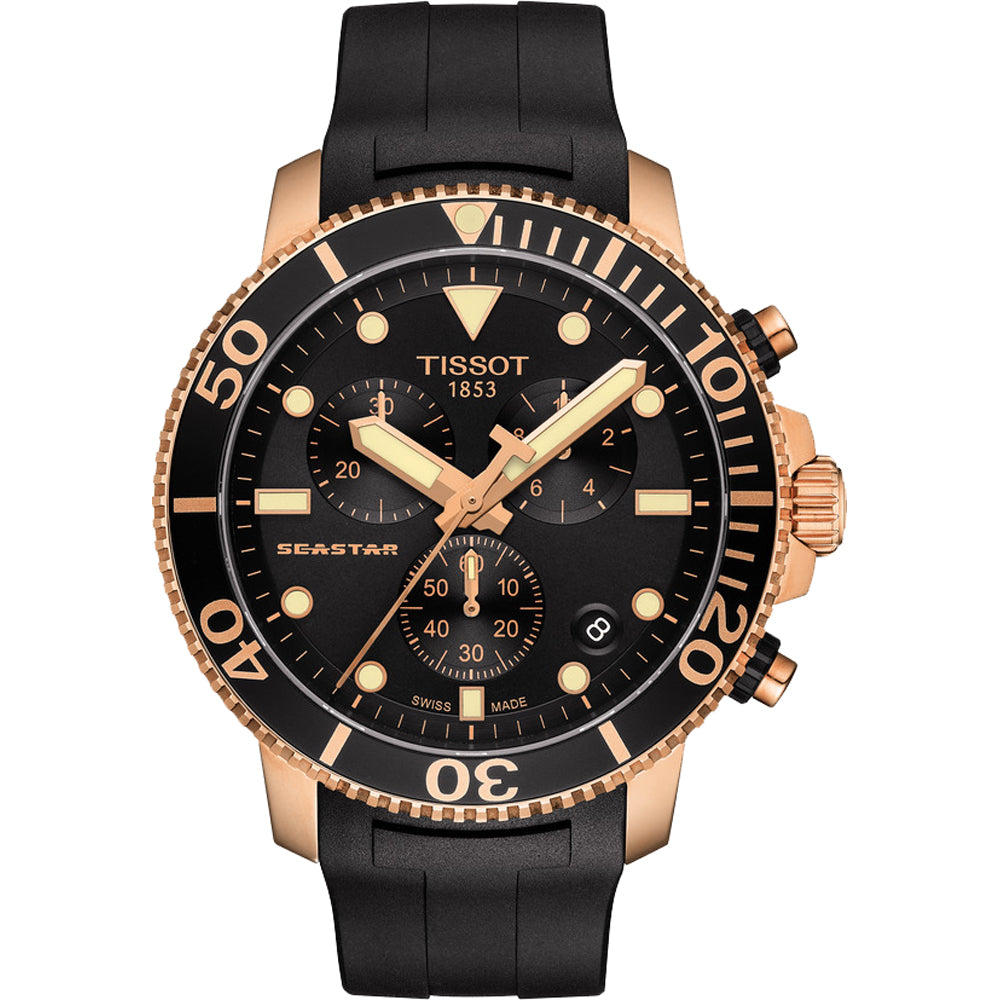 Reloj Tissot Seastar 1000 cronógrafo con caja de acero rosa, esfera negra y correa de caucho negra.