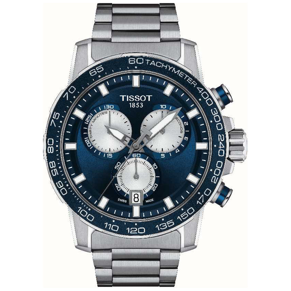 Reloj cronógrafo Tissot con esfera azul, caja de acero inoxidable y brazalete de acero.
