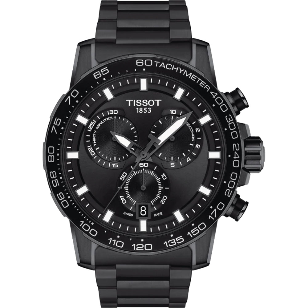 Reloj cronógrafo Tissot de color negro con correa de acero, esfera negra y detalles plateados.