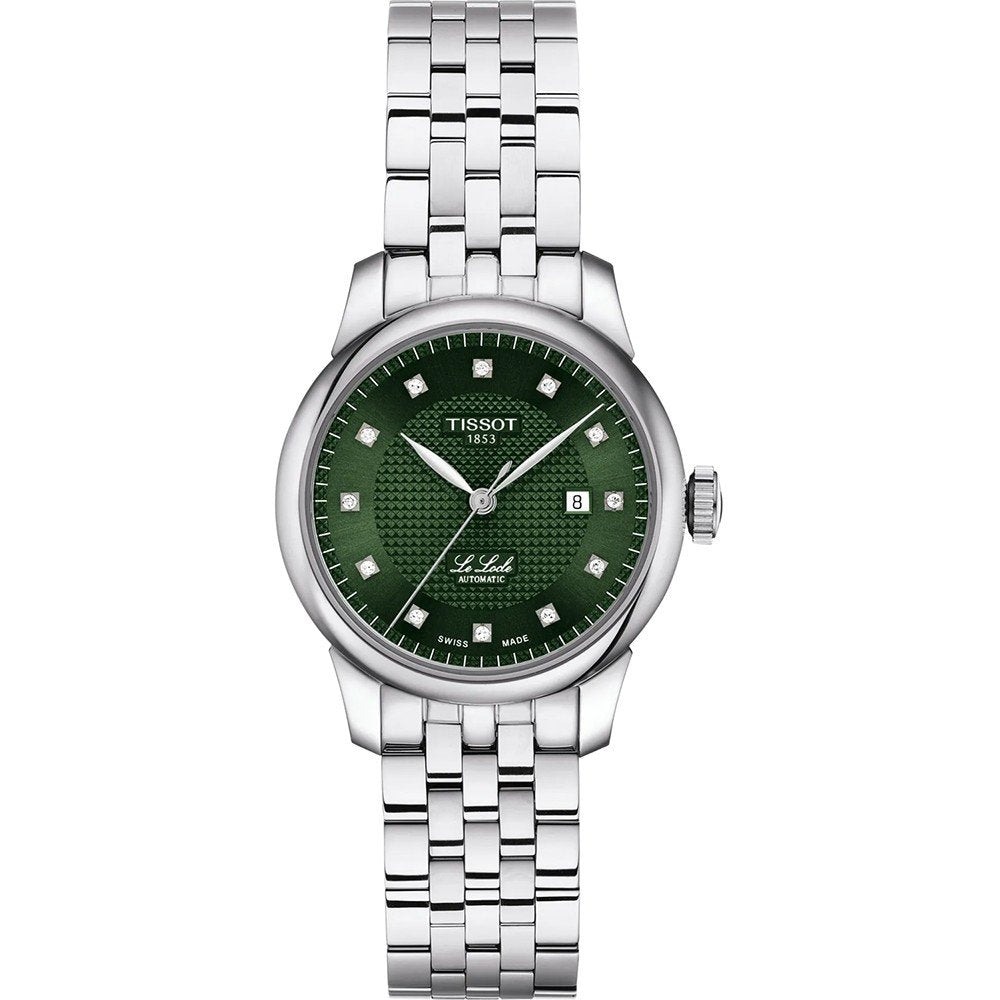 Reloj automático para dama Tissot con esfera verde, caja de acero inoxidable y brazalete de malla.