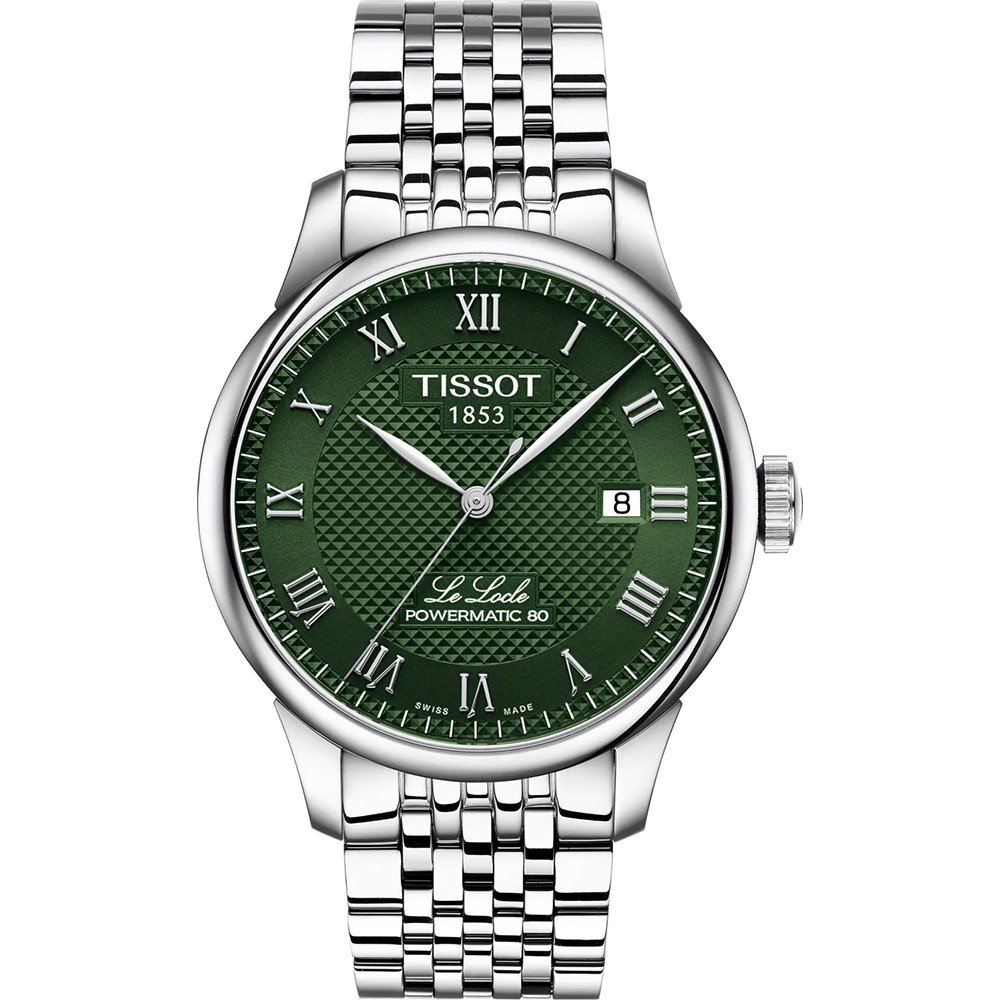 Reloj Tissot Le Locle con esfera verde, números romanos y correa de acero inoxidable.