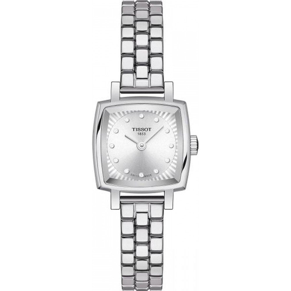 Reloj cuadrado plateado con esfera clara y correa de acero inoxidable.