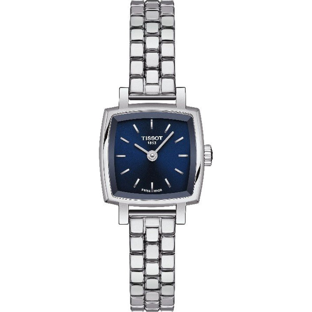 Reloj cuadrado Tissot con esfera azul y correa de acero inoxidable.