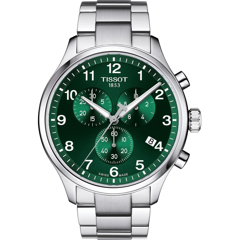 Reloj Tissot Chrono XL Classic con esfera verde, caja de acero inoxidable y correa de acero.
