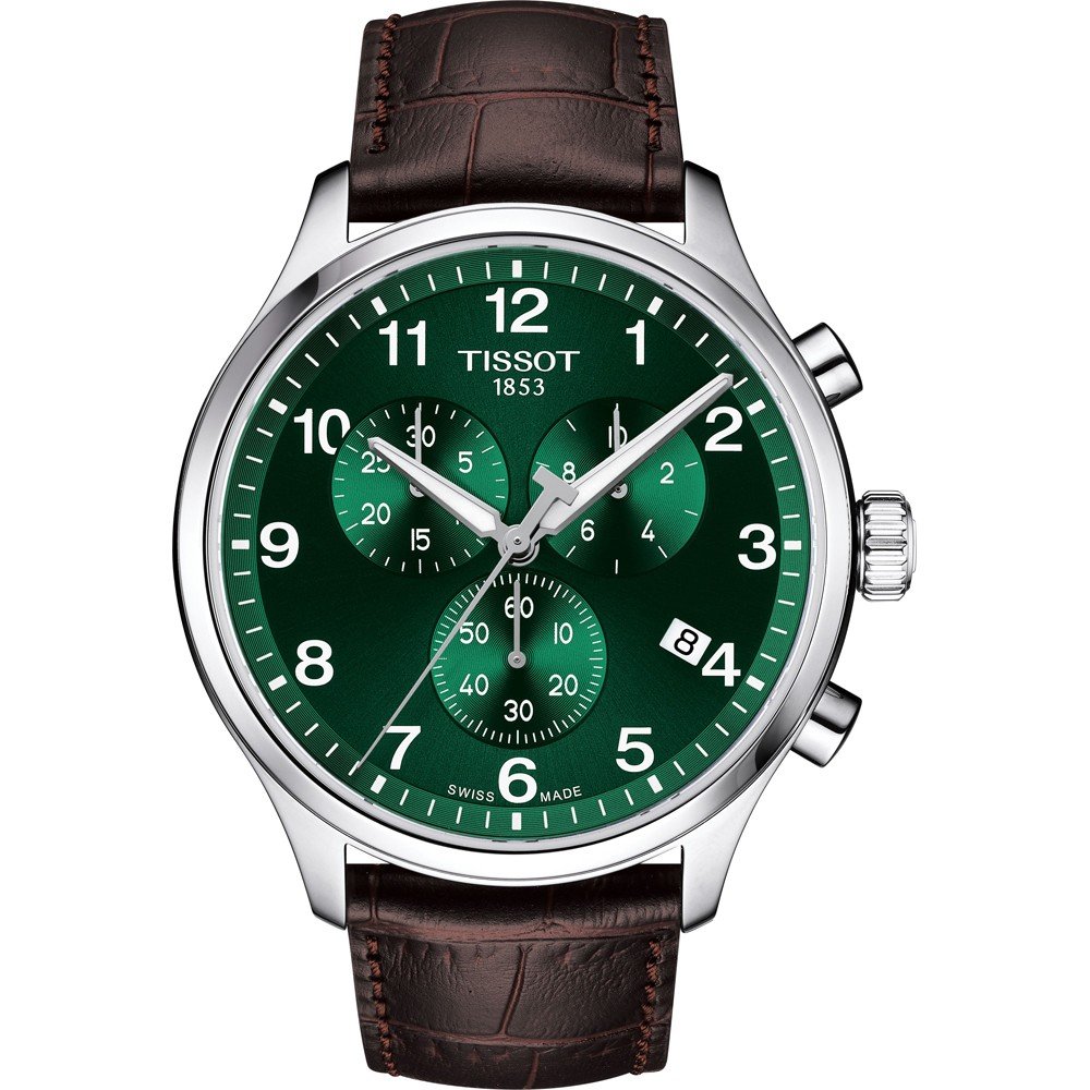 Reloj Tissot Chrono XL Classic con esfera verde, correa de cuero marrón y caja de acero inoxidable.