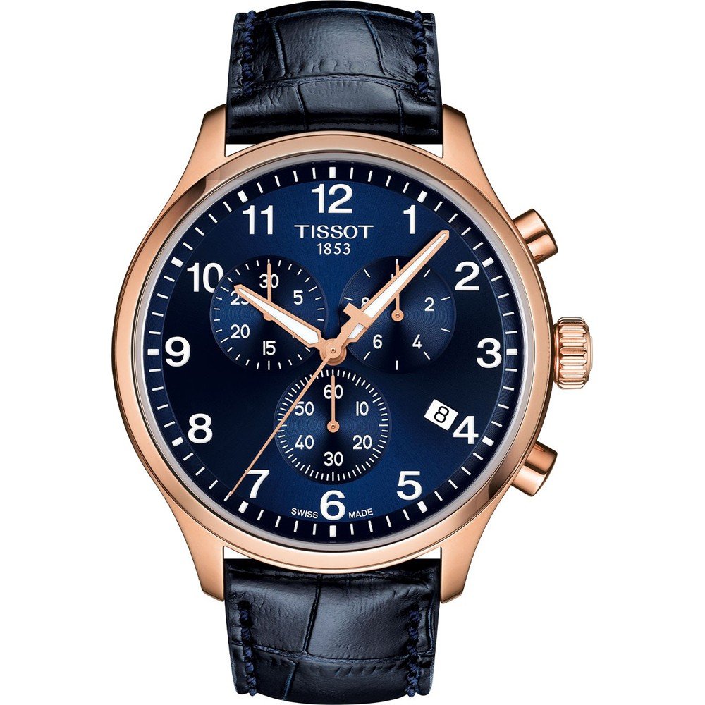 Reloj Tissot Chrono XL Classic con caja rosa, esfera azul y correa de piel negra.