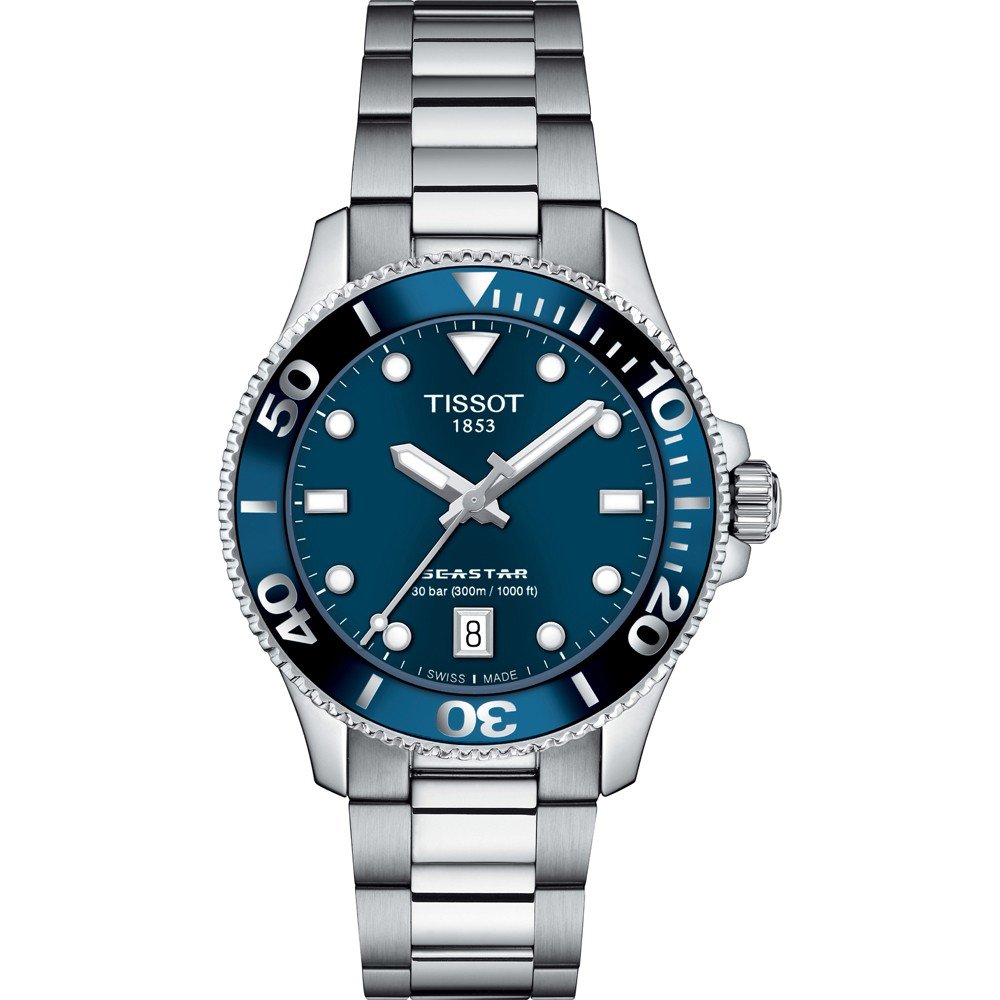 Reloj Tissot Seastar 1000 de 36 mm, con esfera azul, bisel plateado y correa de acero inoxidable.