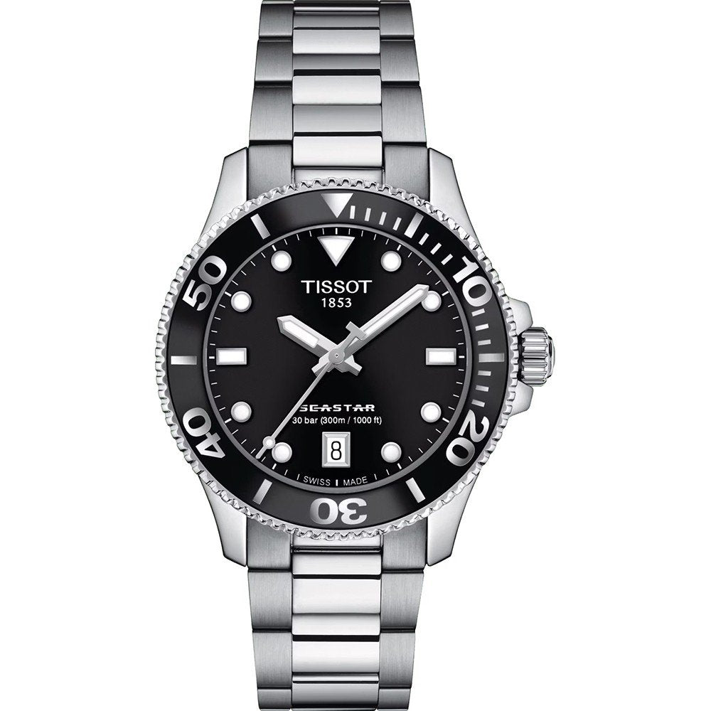 Reloj Tissot Seastar 1000 de 36 mm con esfera negra, bisel plateado y correa de acero inoxidable.