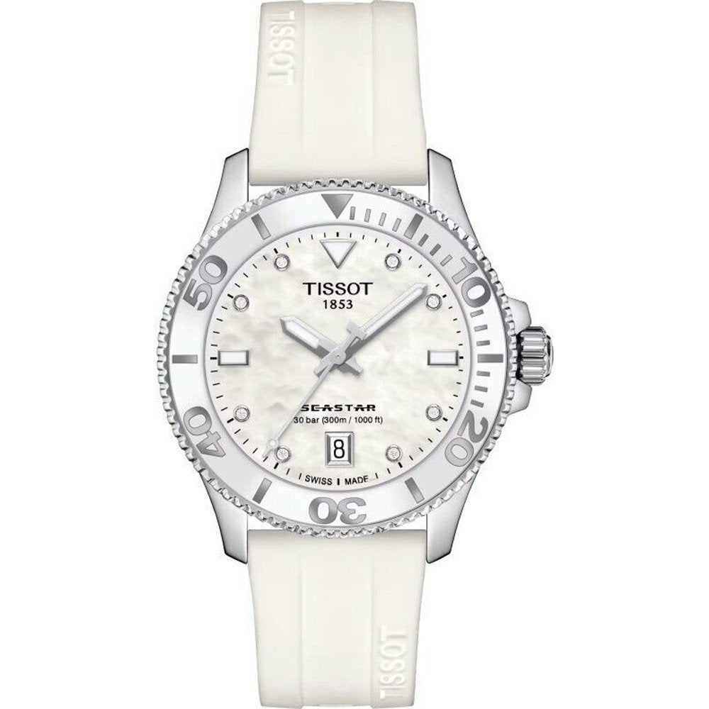 Reloj Tissot Seastar 1000 de 36 mm con esfera blanca, correa de silicona blanca y bisel plateado.