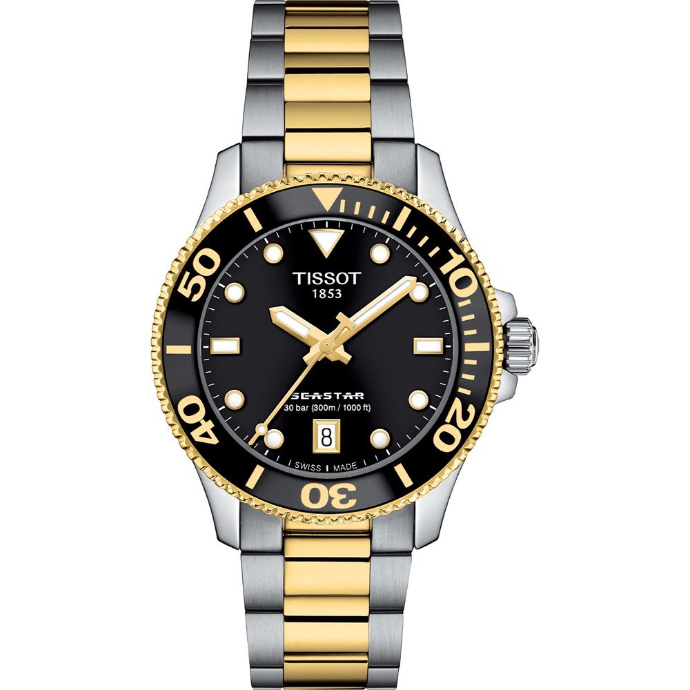 Reloj Tissot Seastar 1000 de 36 mm, con caja bicolor de acero inoxidable y dorado, esfera negra y bisel dorado.