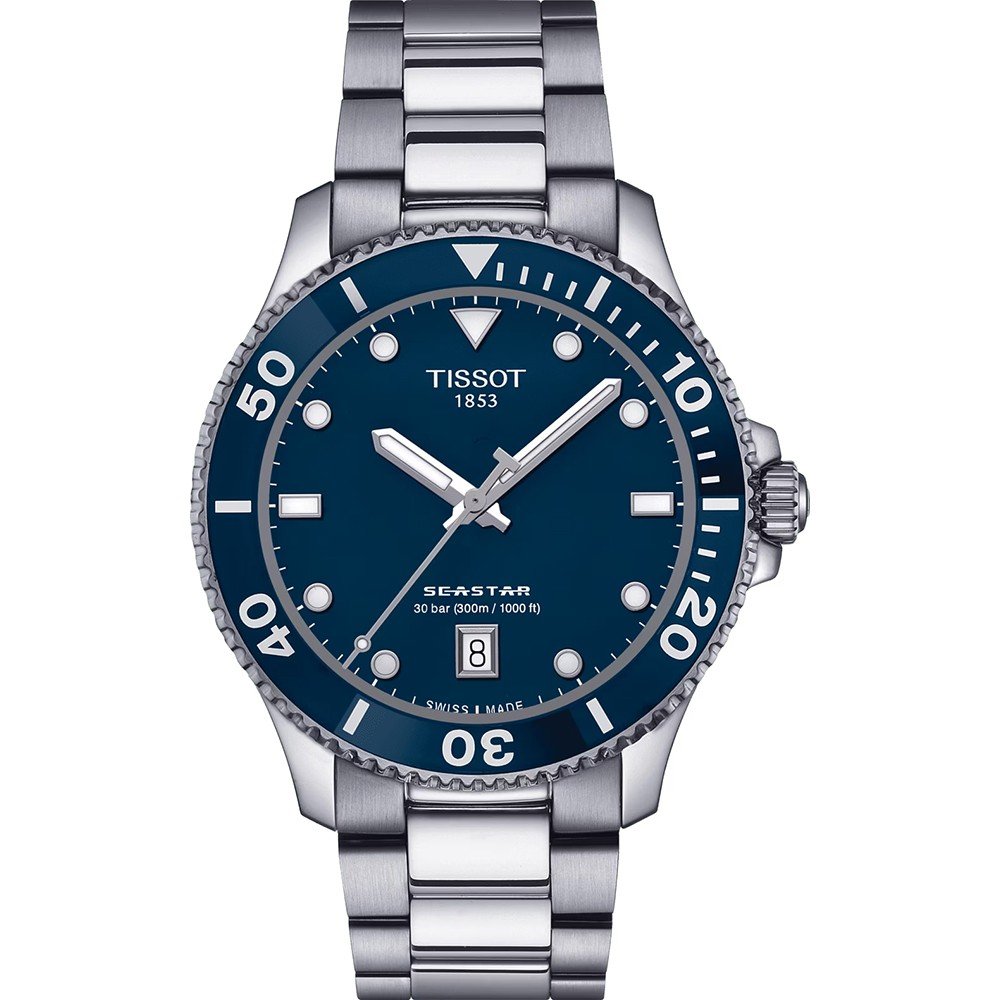 Reloj Tissot Seastar de 40 mm con esfera azul, caja de acero inoxidable y correa de acero.
