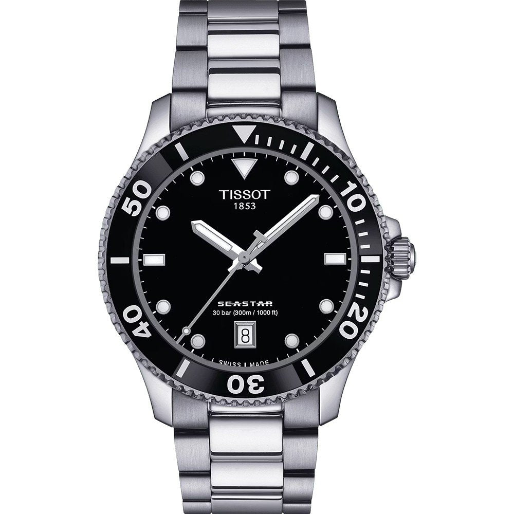 Reloj Tissot Seastar de 40 mm con esfera negra, caja y correa de acero inoxidable, detalles en blanco.