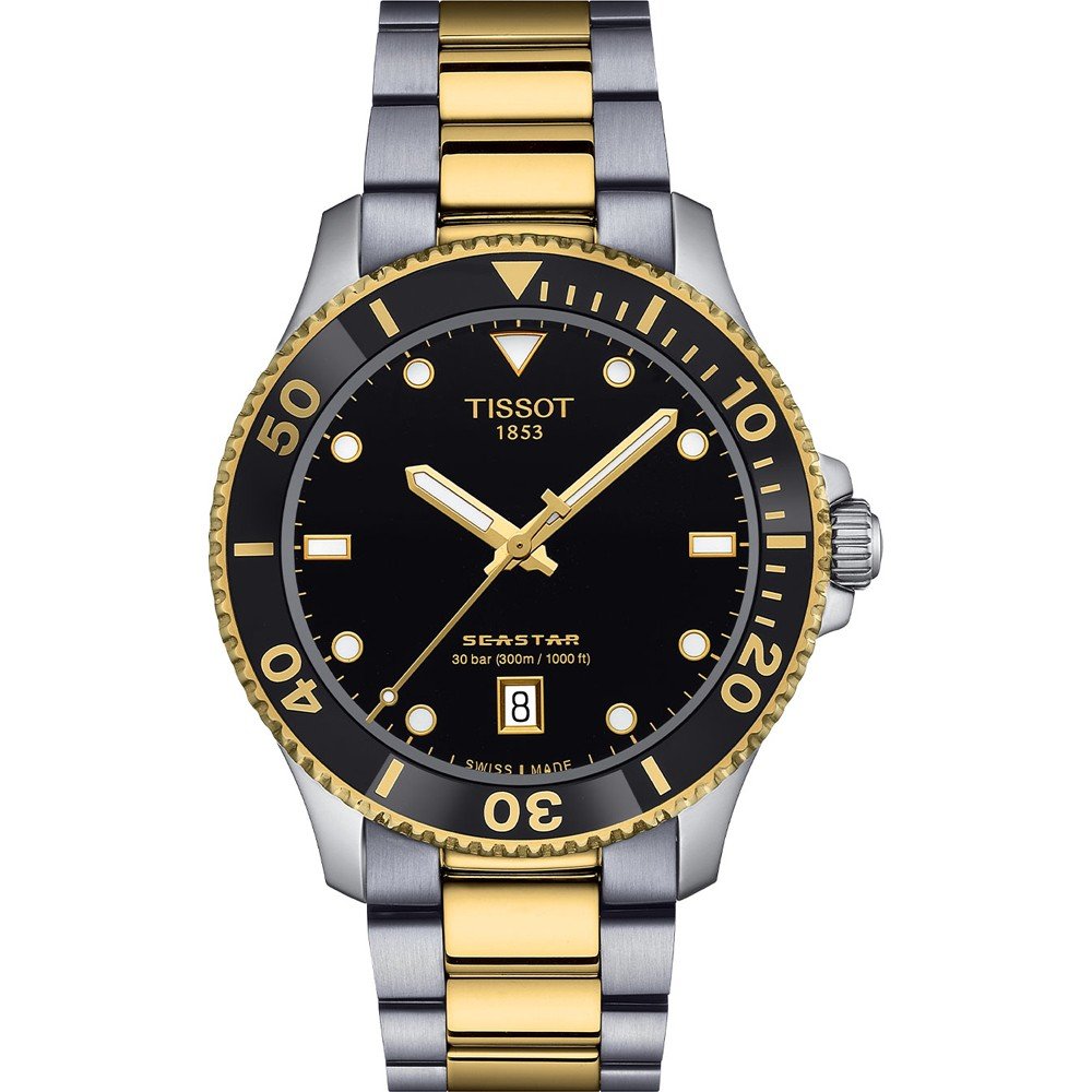 Reloj Tissot Seastar de 40 mm con caja bicolor, esfera negra y bisel dorado.