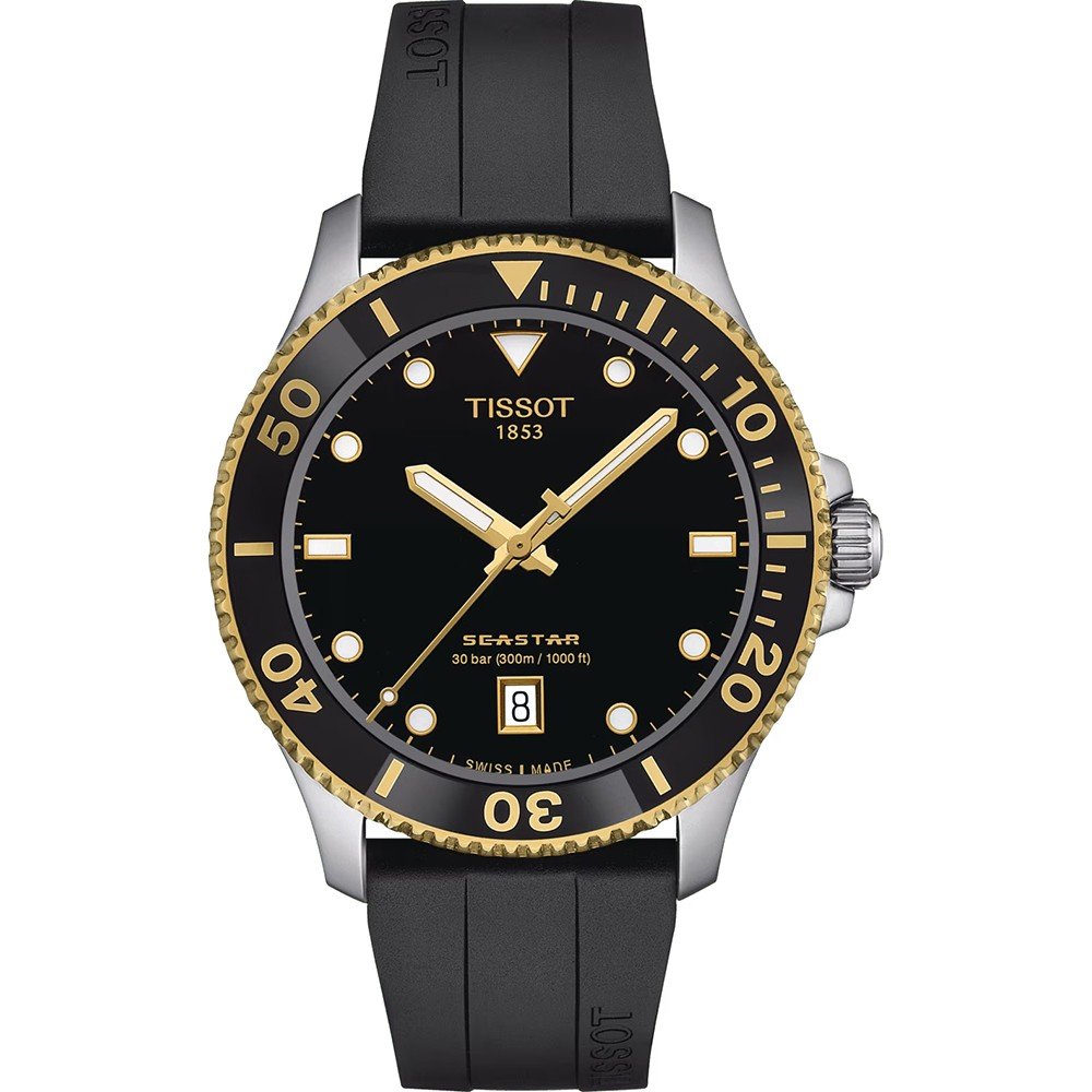 Reloj Tissot Seastar de 40 mm con caja de acero inoxidable, bisel dorado y esfera negra.