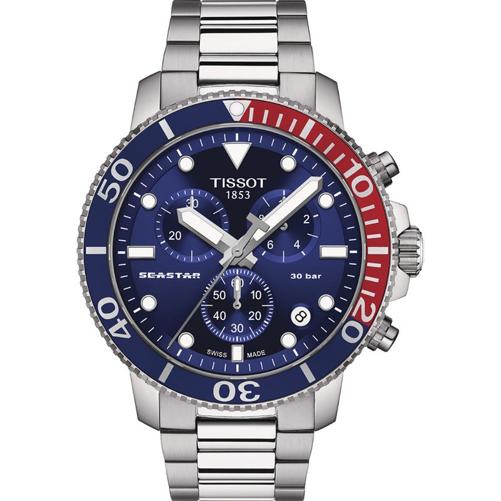 Reloj Tissot Seastar 1000 de cuarzo con cronógrafo, esfera azul y bisel rojo y plateado.