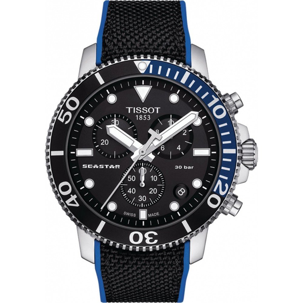 Reloj Tissot Seastar 1000 cronógrafo con esfera negra, caja de acero inoxidable y correa de tela negra con detalles azules.