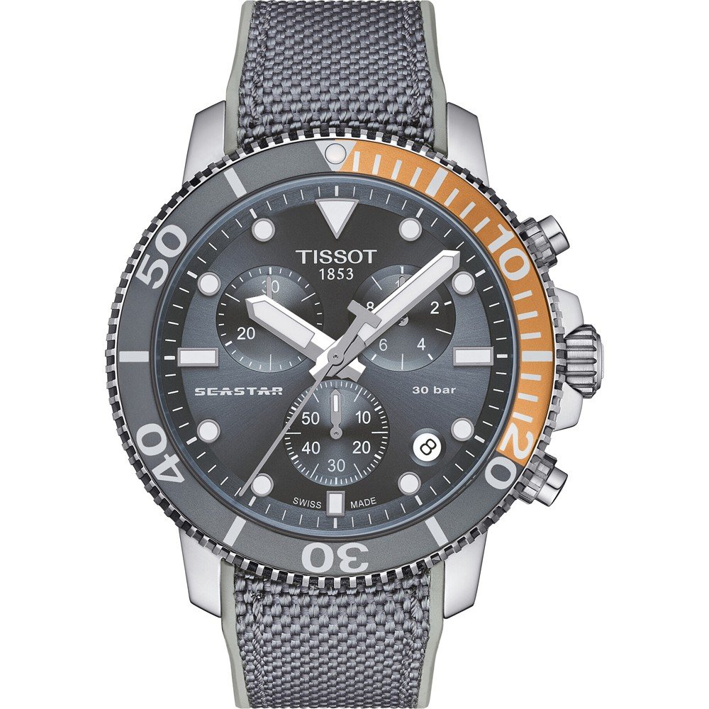 Reloj Tissot Seastar 1000 con caja de acero inoxidable, esfera gris y detalles naranjas, correa de malla.
