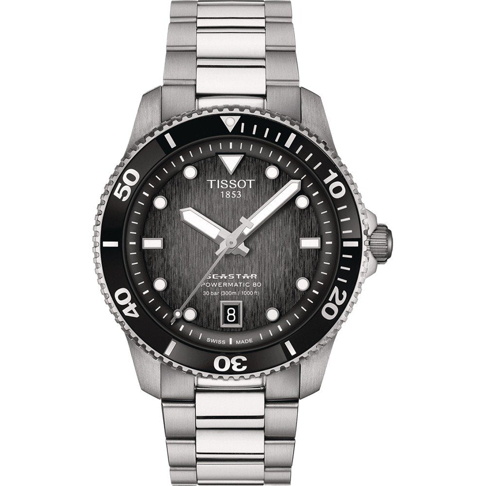 Reloj Tissot Seastar 1000 de 40 mm, con esfera negra, caja de acero inoxidable y correa metálica.