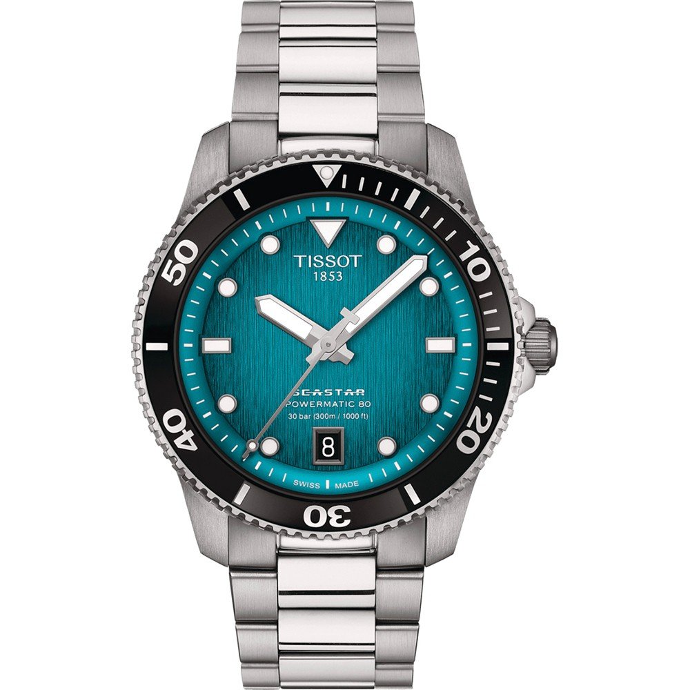 Reloj Tissot Seastar 1000 de 40 mm con esfera azul, bisel negro y correa de acero inoxidable.