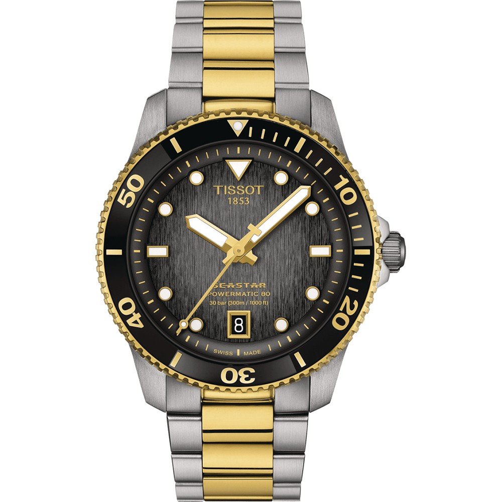 Reloj Tissot Seastar 1000 de 40 mm con caja bicolor en acero inoxidable y dorado, esfera negra y bisel dorado.