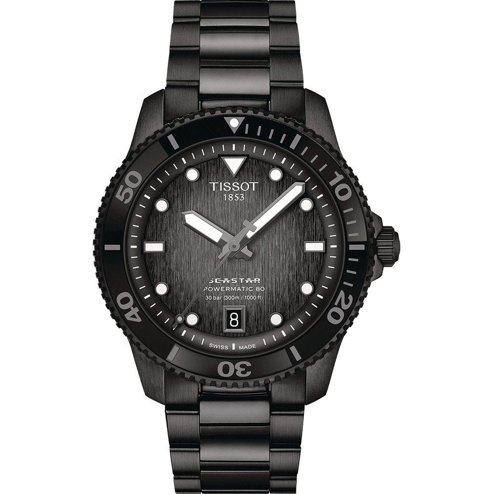 Reloj Tissot Seastar 1000 de 40 mm, con caja y correa de acero inoxidable negro, esfera negra y detalles en blanco.