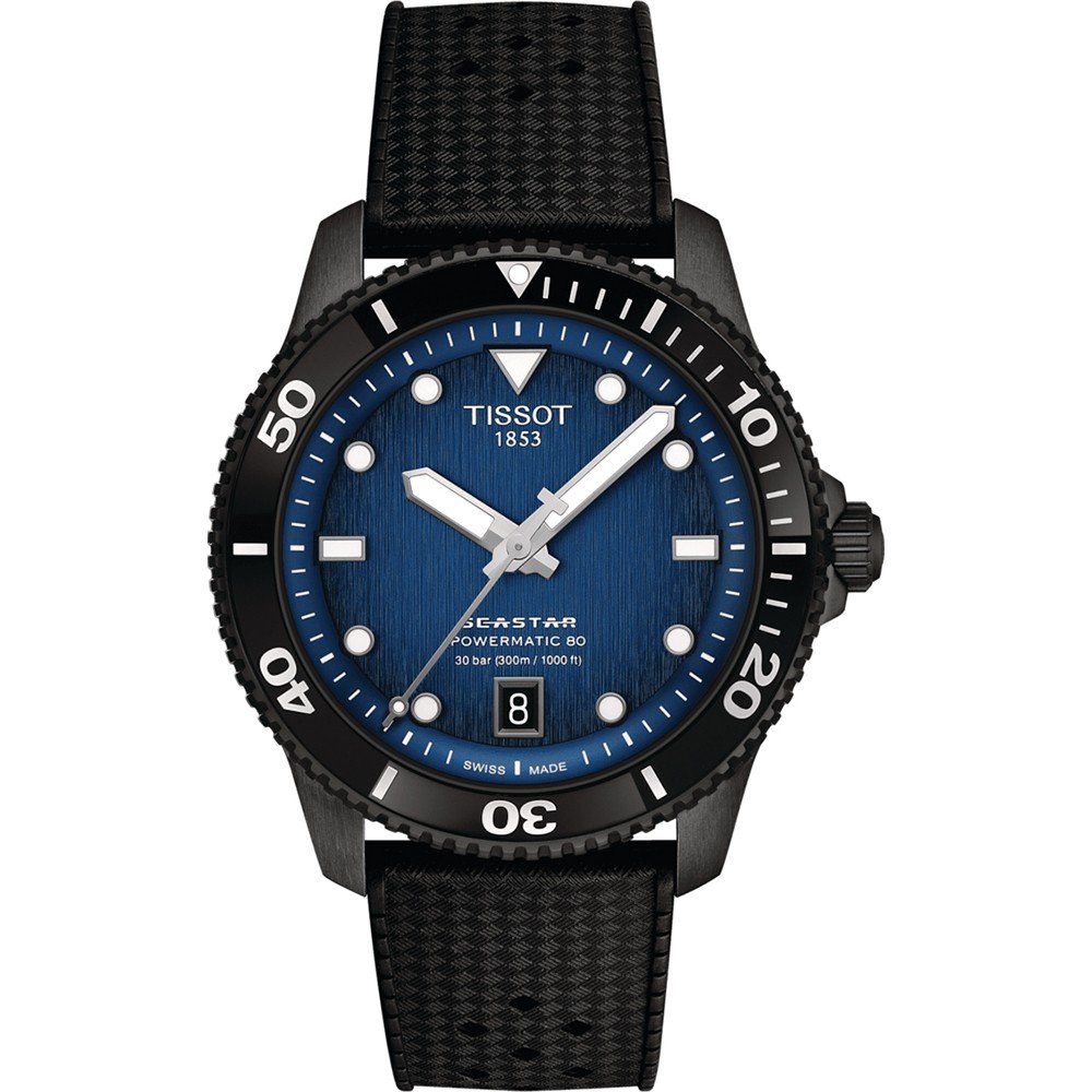 Reloj Tissot Seastar 1000 de 40 mm, esfera azul, correa negra de caucho, detalles en blanco y bisel negro.