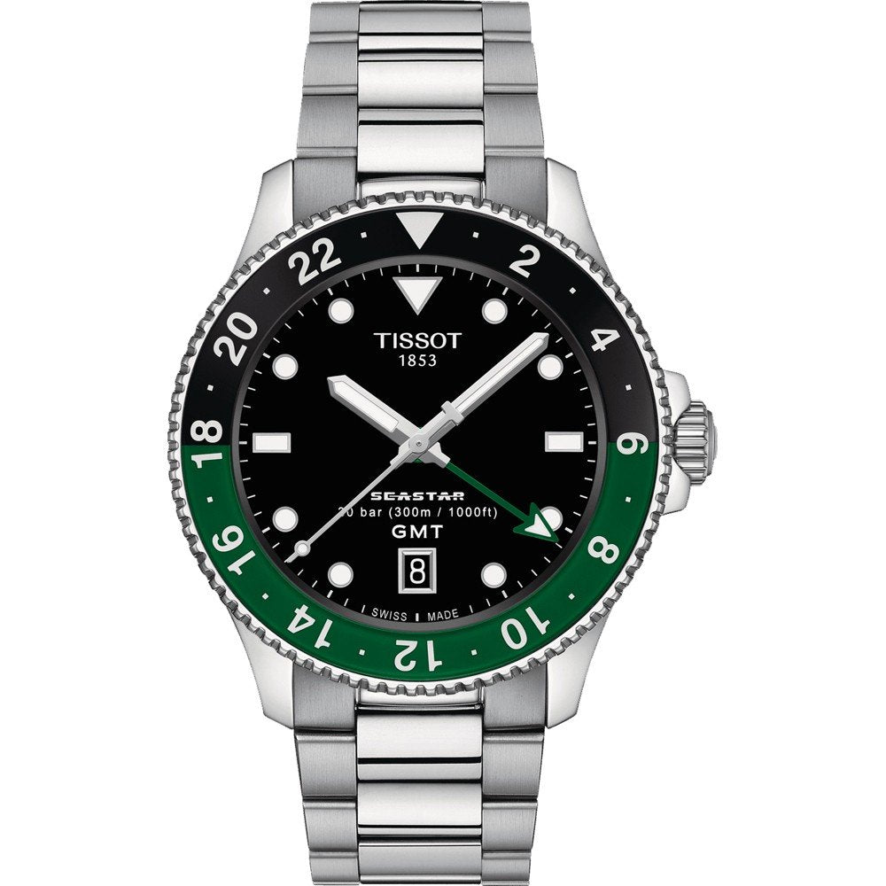 Reloj Tissot Seastar 1000 Quartz GMT con esfera negra, bisel verde y correa de acero inoxidable.