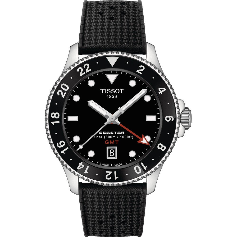 Reloj Tissot Seastar 1000 Quartz GMT con caja de acero inoxidable, esfera negra y correa de caucho negra.