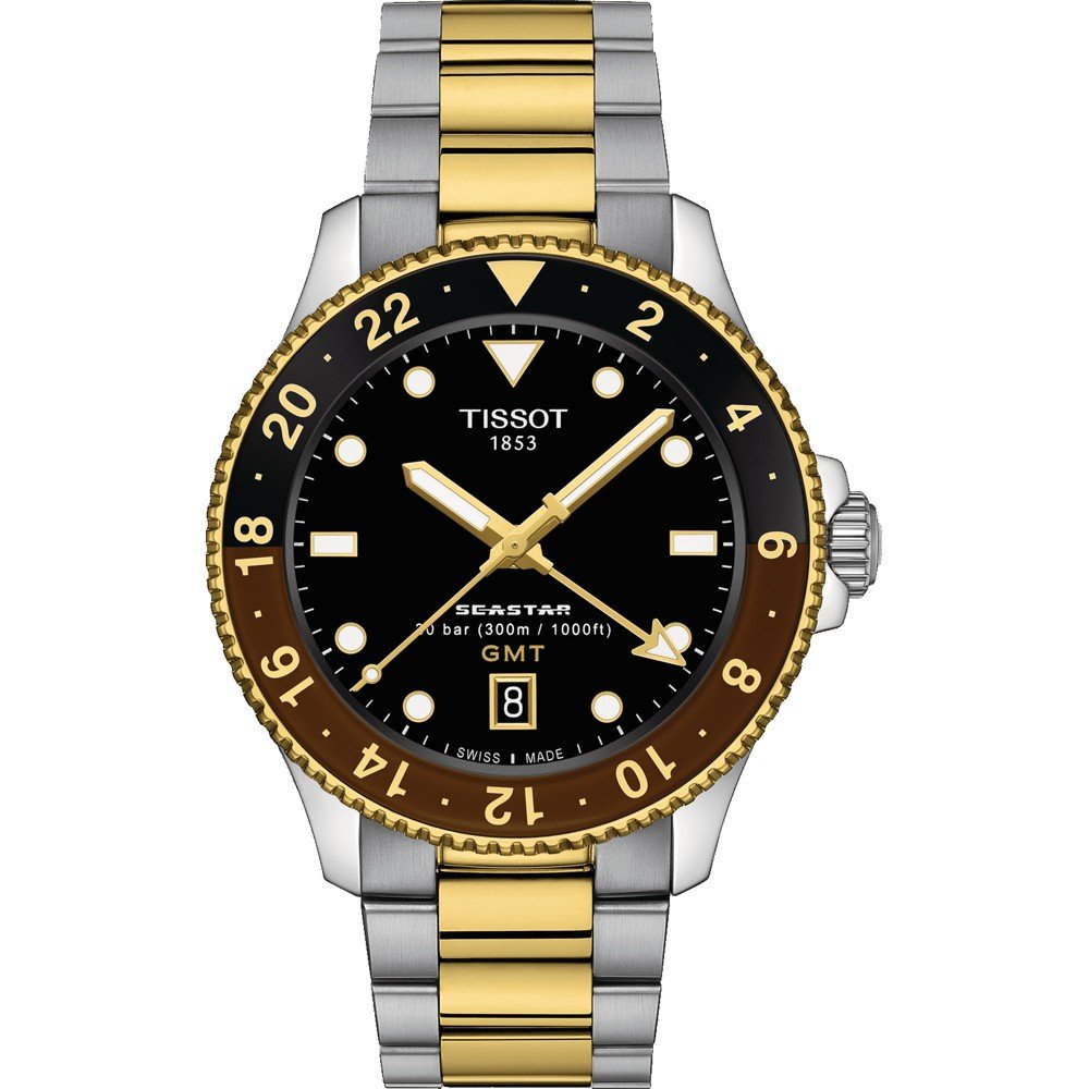 Reloj Tissot Seastar 1000 GMT con caja de acero inoxidable y bisel dorado, esfera negra y correa bicolor.