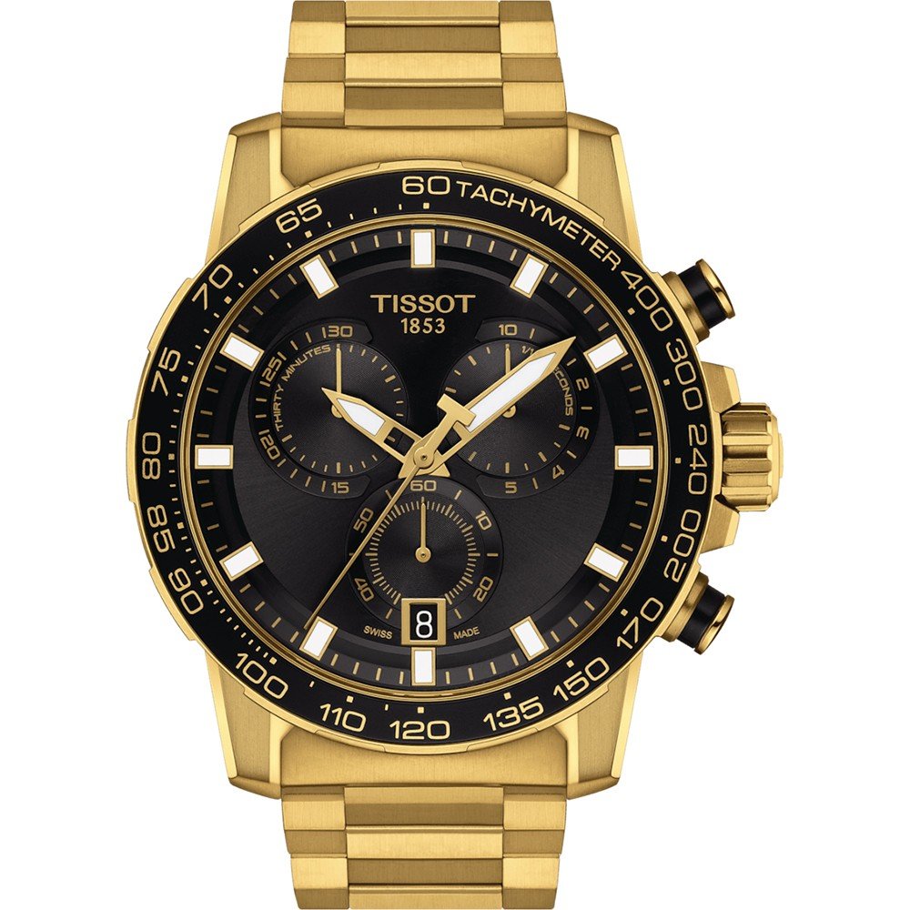 Reloj cronógrafo Tissot de color dorado con esfera negra y correa metálica.