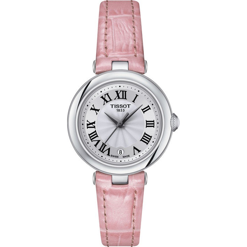 Reloj de dama Tissot Bellissima con esfera plateada, números romanos y correa de cuero rosa.