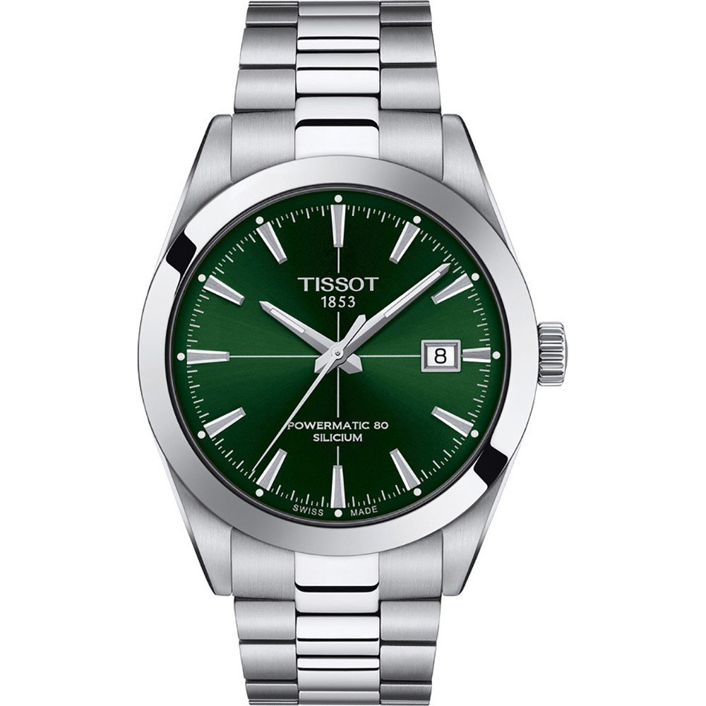 Reloj Tissot Gentleman con esfera verde, correa de acero inoxidable y detalle de fecha.