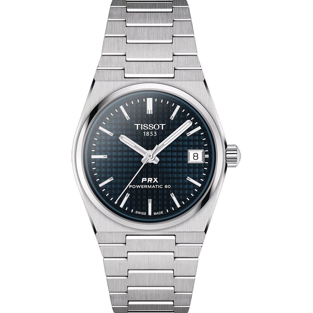 Reloj Tissot PRX Powermatic 80 de 35 mm con esfera azul, caja de acero inoxidable y correa de eslabones.