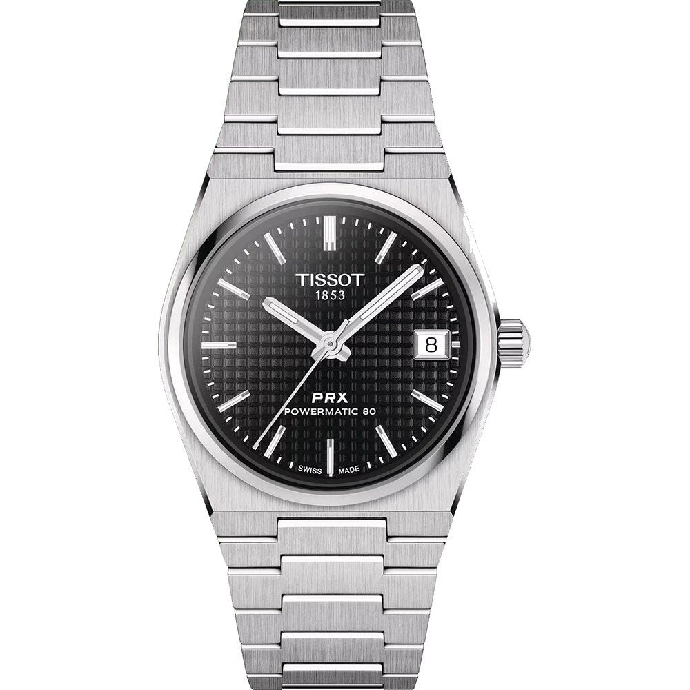 Reloj Tissot PRX Powermatic 80 de 35 mm, con esfera negra, caja de acero inoxidable y correa de eslabones.