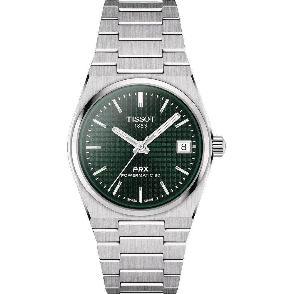Reloj Tissot PRX Powermatic 80 de 35 mm con esfera verde y correa de acero inoxidable.