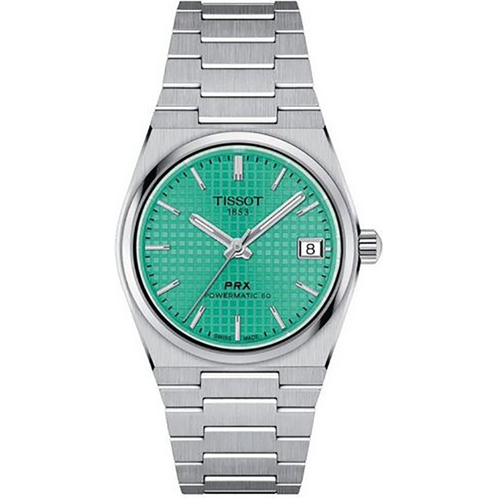 Reloj Tissot PRX Powermatic 80 de 35 mm, con esfera verde y correa de acero inoxidable.