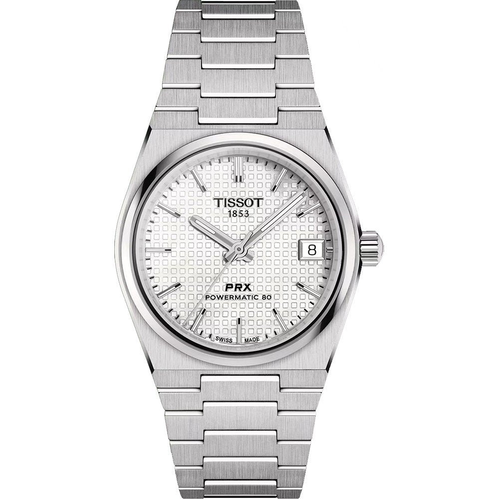 Reloj Tissot PRX Powermatic 80 de 35 mm con esfera plateada y correa de acero inoxidable.
