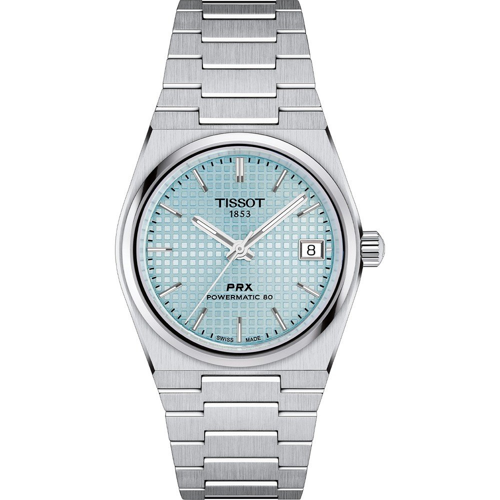 Reloj Tissot PRX Powermatic 80 de 35 mm con esfera azul y correa de acero inoxidable.