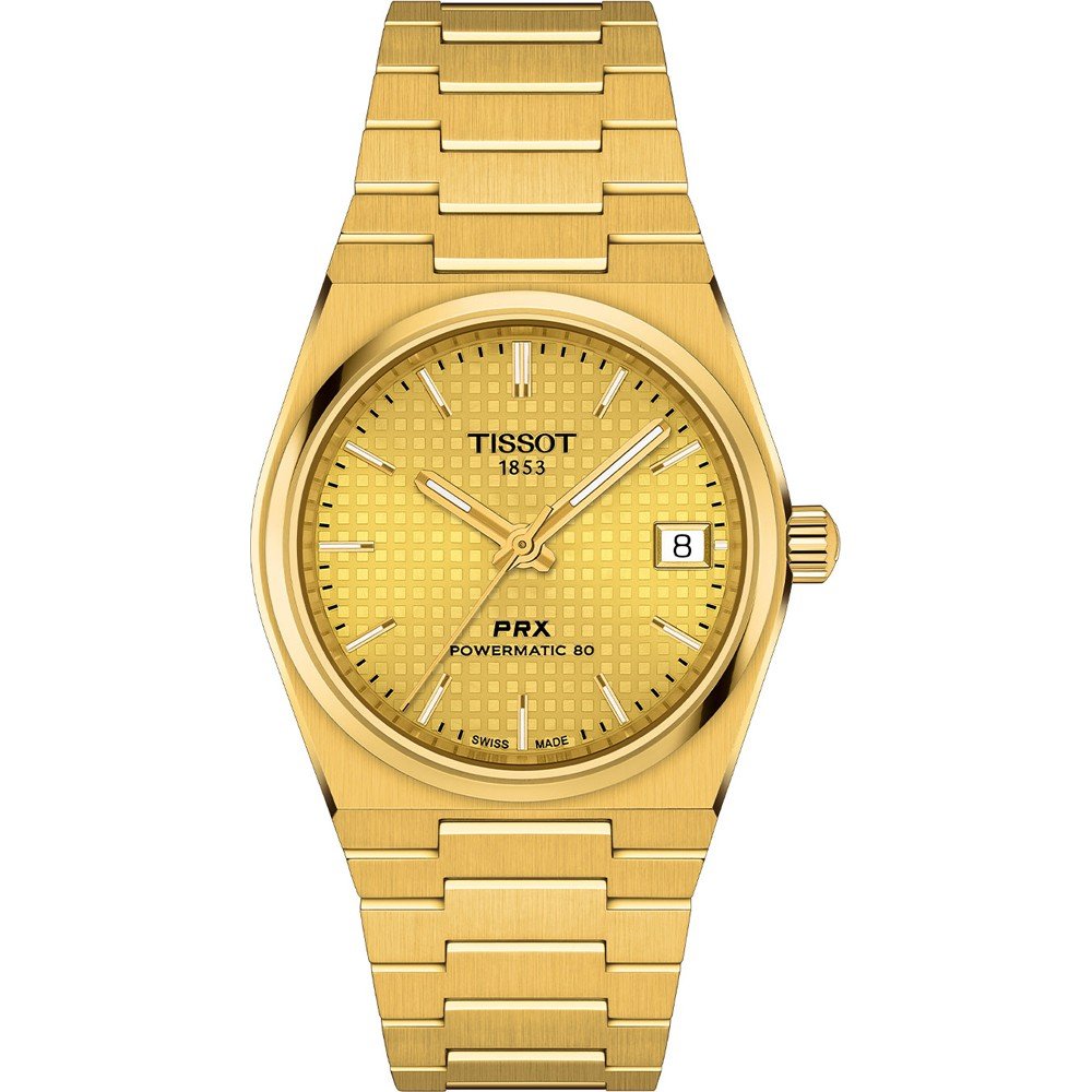 Reloj Tissot PRX Powermatic 80 de 35 mm con esfera dorada y correa de acero dorado.
