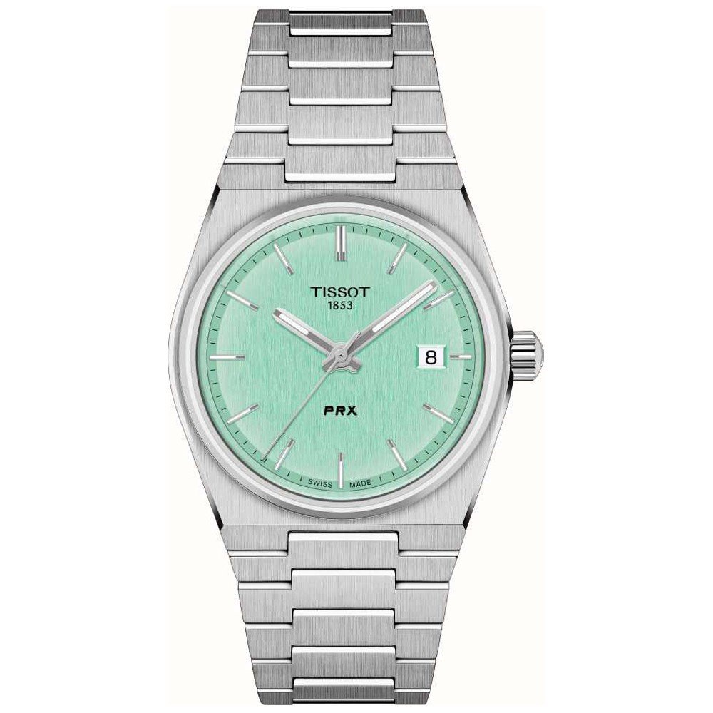 Reloj Tissot PRX de 35 mm con esfera verde menta y correa de acero inoxidable.