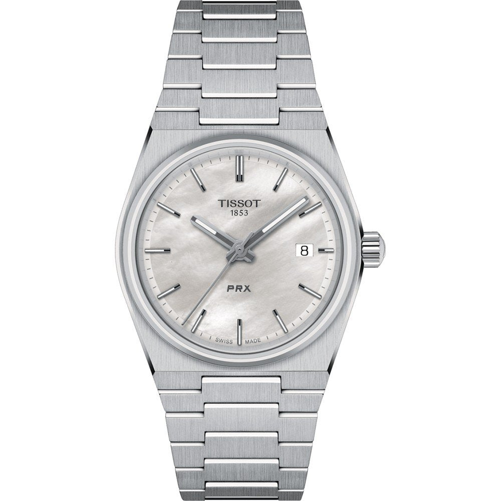 Reloj Tissot PRX de 35 mm con esfera plateada y correa de acero inoxidable.