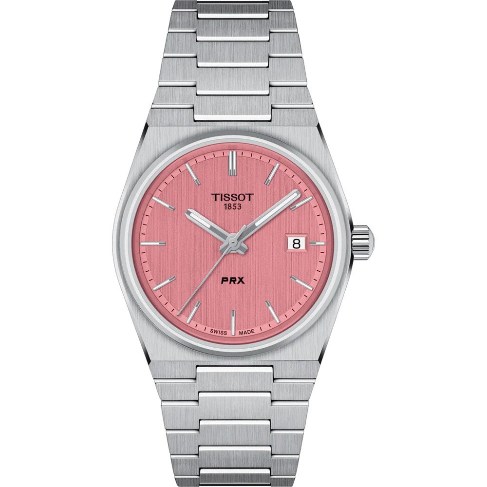 Reloj Tissot PRX de 35 mm con esfera rosa, caja y correa de acero inoxidable.