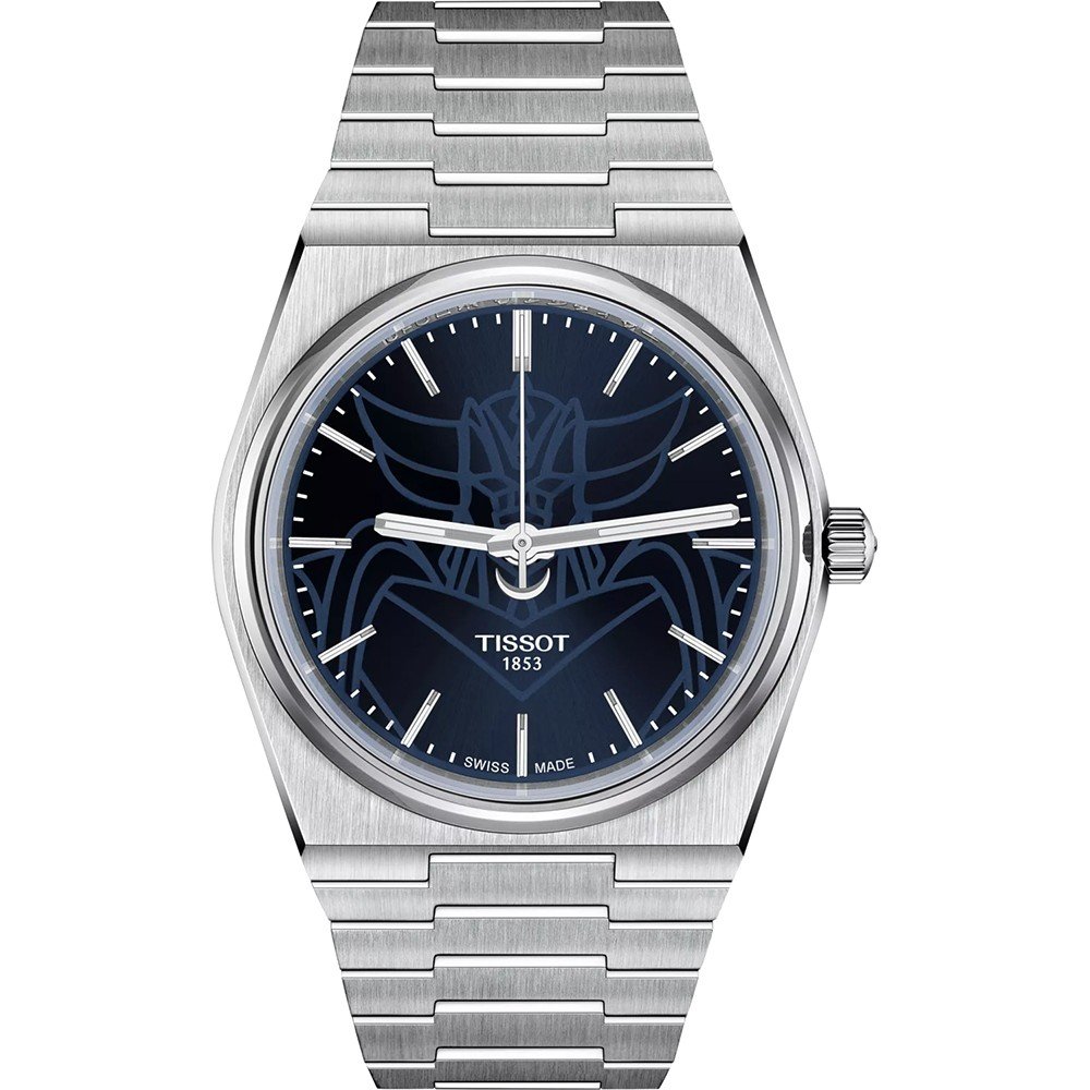 Reloj Tissot PRX con esfera azul y diseño de robot Grendizer, correa de acero inoxidable.