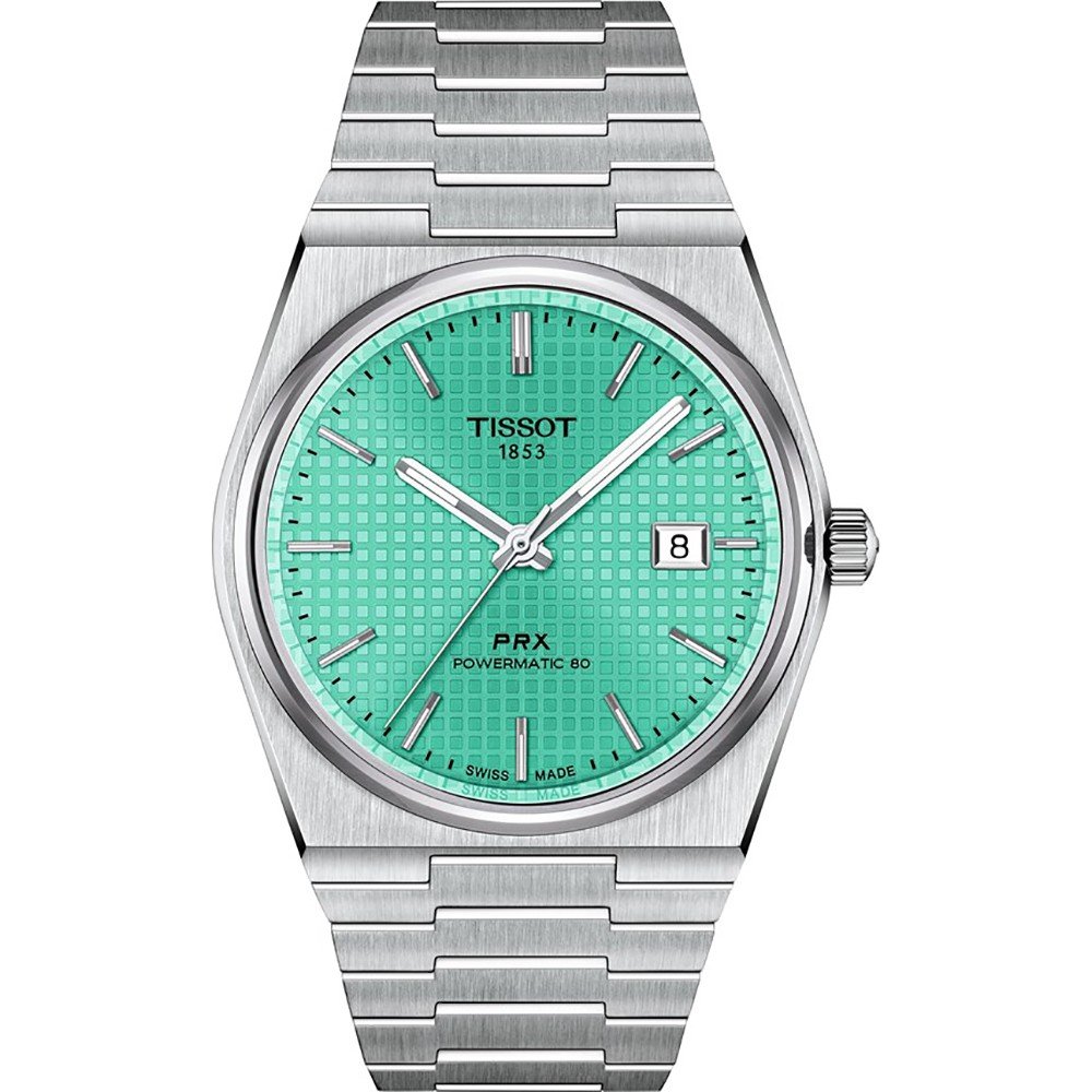 Reloj Tissot PRX Powermatic 80 de 40 mm con esfera verde y correa de acero inoxidable.