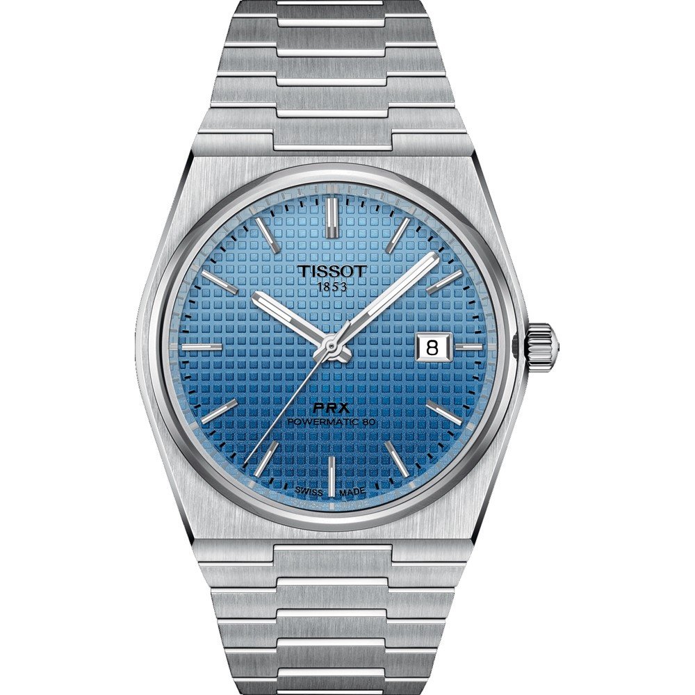 Reloj Tissot PRX Powermatic 80 de 40 mm con esfera degradada azul y correa de acero inoxidable.