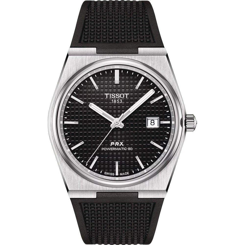 Reloj Tissot PRX Powermatic 80 con esfera negra, caja de acero inoxidable y correa de caucho.