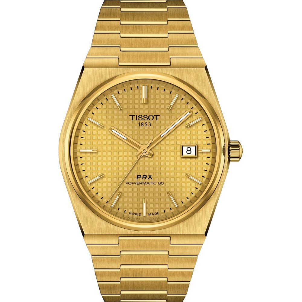Reloj Tissot PRX con caja dorada, esfera dorada con textura y correa de acero dorado.