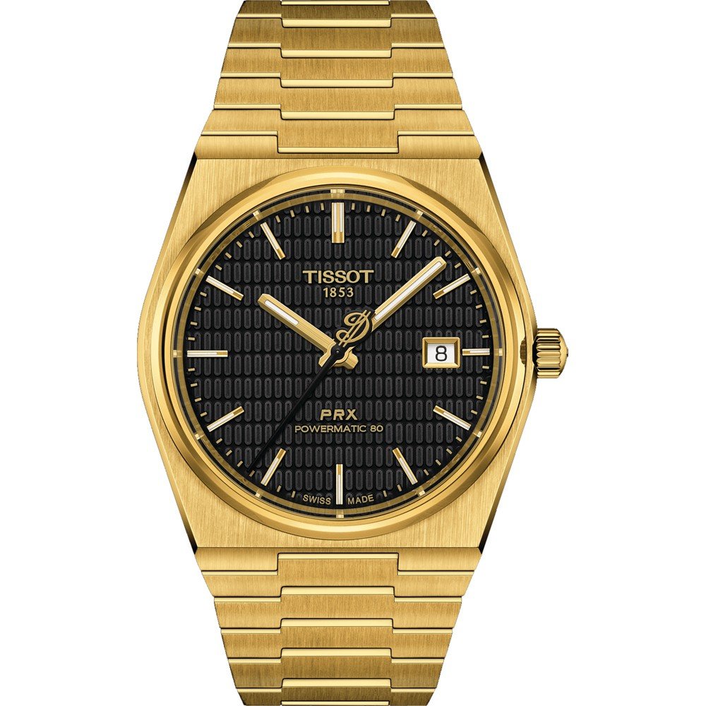 Reloj Tissot PRX Powermatic 80 de edición especial Damian Lillard, con caja y correa doradas y esfera negra.
