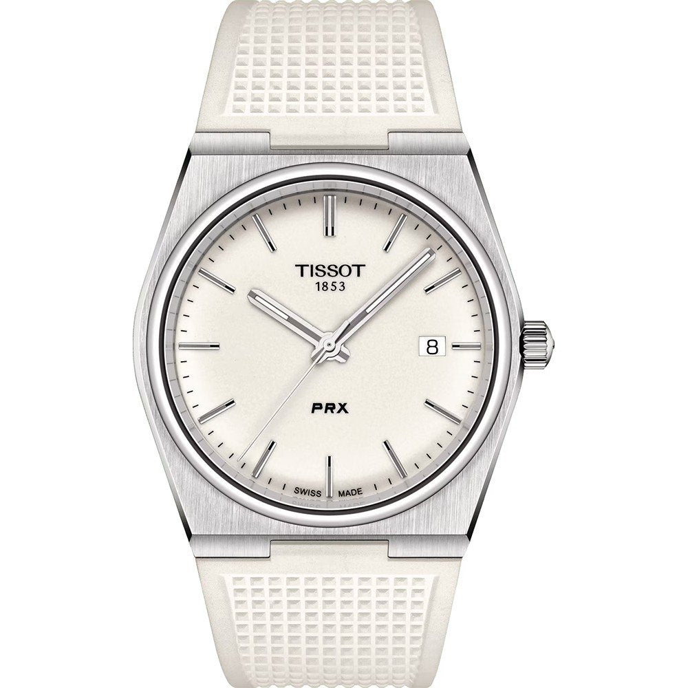 Reloj Tissot PRX con esfera blanca, caja de acero inoxidable y correa de silicona blanca.